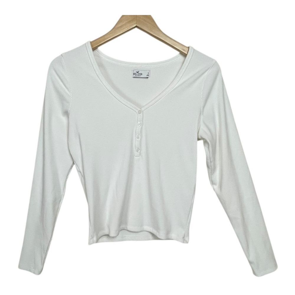 Hollister Henley Large Y2K Top Ribbed V-Neck Off White‎ Crop Preppy